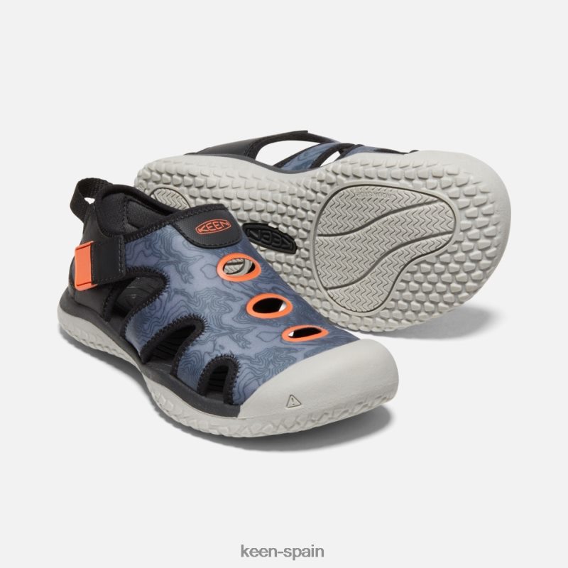 67LRTD595 Keen niños sandalia raya grande negro-naranja de seguridad